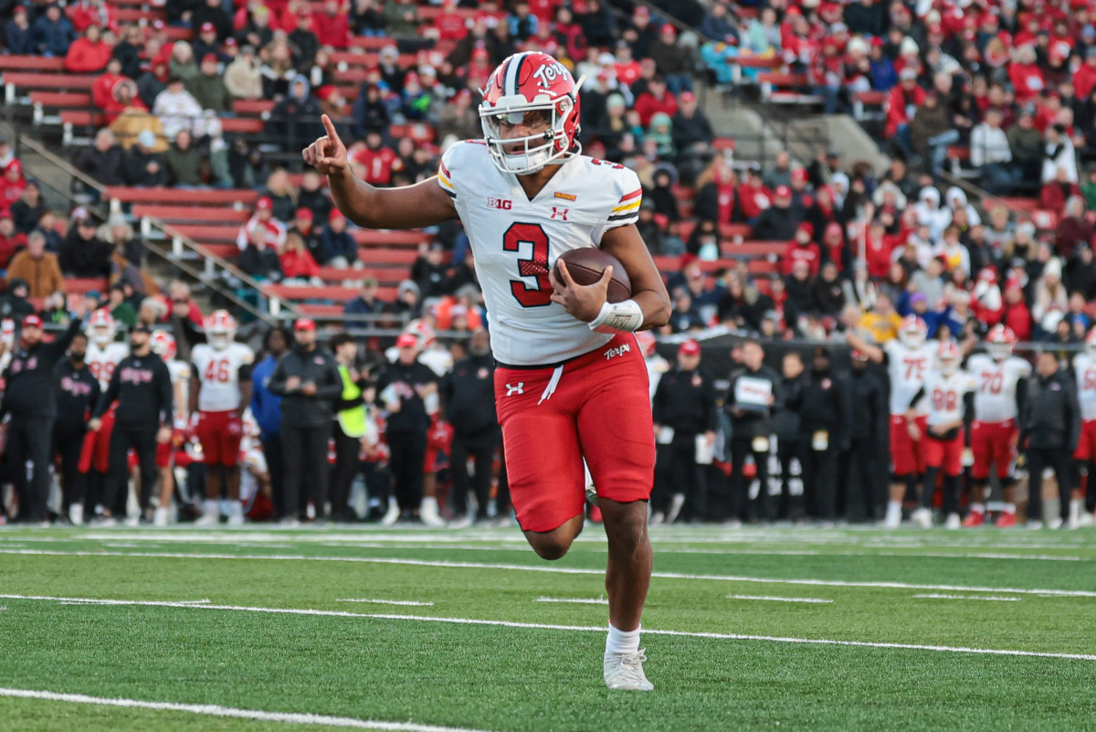 Taulia Tagovailoa during Maryland’s 42–24 win over Rutgers on Nov. 25, 2023.