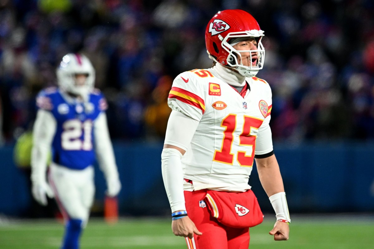 Jan 21, 2024; Orchard Park, New York, USA; Kansas City Chiefs quarterback Patrick Mahomes (15) reacts against the Buffalo Bills in the second half of the 2024 AFC divisional round game at Highmark Stadium.