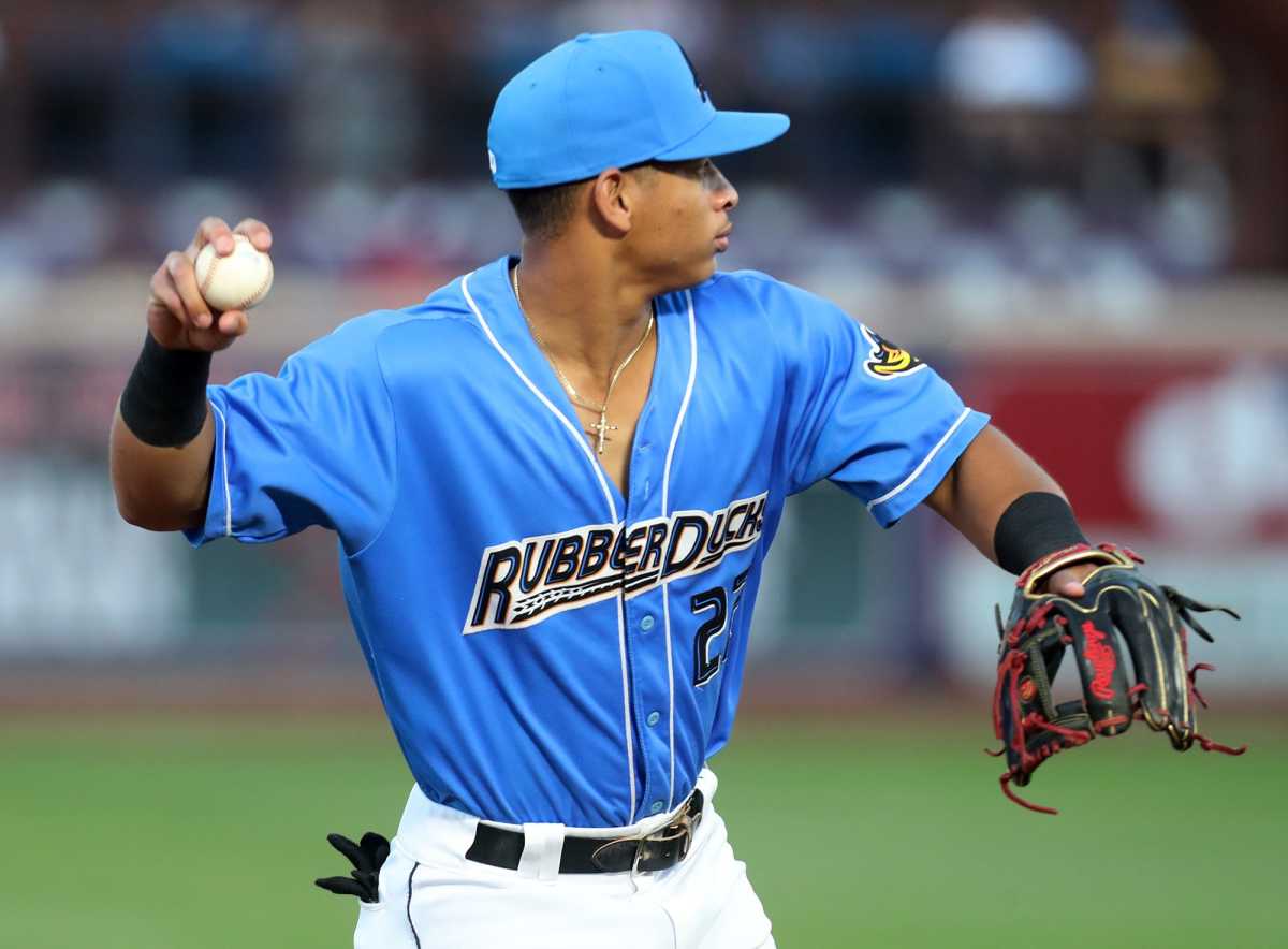 Aug 31, 2023; Akron, OH, USA; Akron RubberDucks infielder Juan Brito (22) throws to first base between innings during a game Aug. 31 against the Bowie Baysox at Canal Park in Akron.